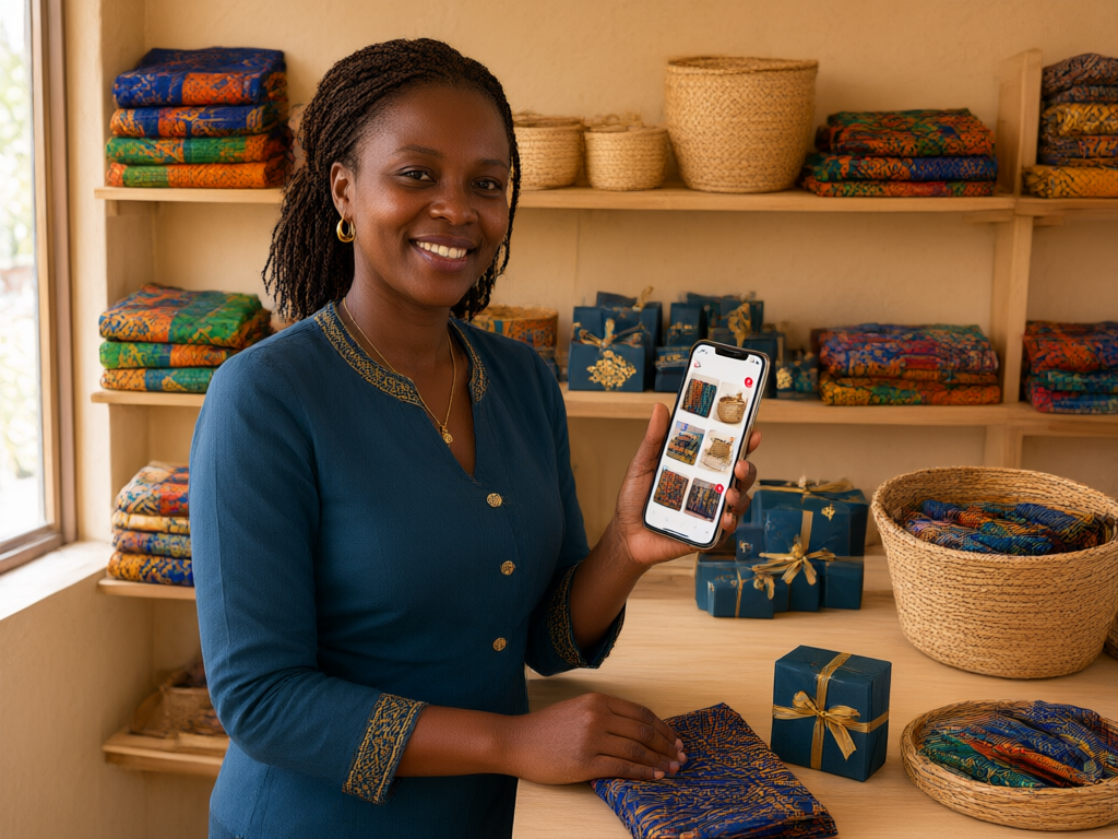 Ghanaian business owner arranging products in a shop beside a phone
